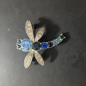 Silver Tone Blue and Clear Rhinestone Dragonfly Statement Brooch Pin